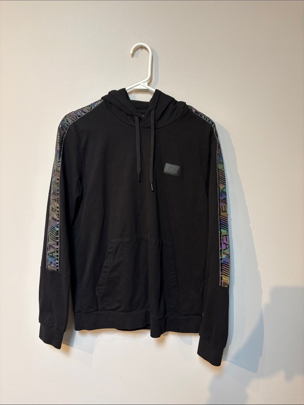 Emporio Armani Black Crewneck Hoodie with Iridescent Sleeve Trim